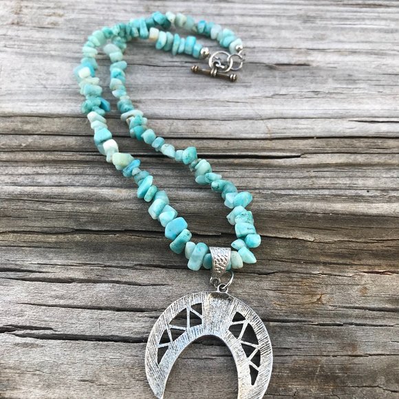 Southwestern Amazonite Gemstone Necklace Handmade Squash Blossom Silver Beaded - Picture 6 of 15